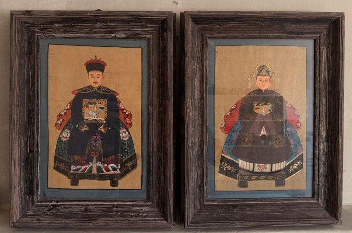 Retratos ancestrales chinos, pareja estilo Qing – pinturas, Antiquités & Art, Antiquités | Autres Antiquités