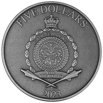 Niue. 5 Dollars 2023 Odin - Lord Of Valhalla 2 oz Antique