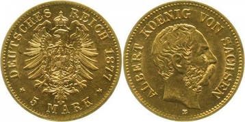 Duitsland 5 Mark Albert Koenig Sachsen 1877 E f prfr/f st..., Verzenden