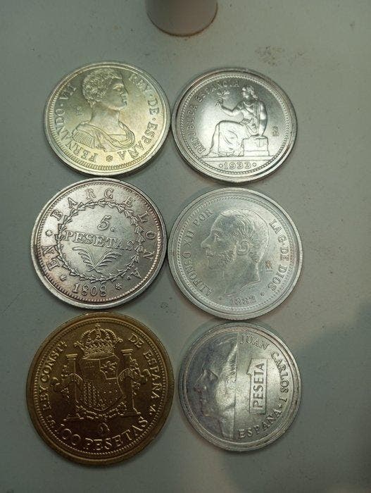 Spanje. Peseta Lote 6 monedas pesetas bañadas plata y oro, Postzegels en Munten, Munten | Europa | Niet-Euromunten