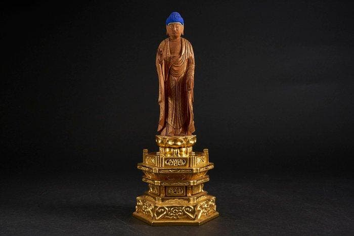 Amitabha Buddha Sculpture with Halo and Pedestal - sculptuur, Antiek en Kunst, Antiek | Overige Antiek
