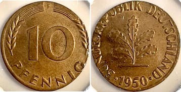 Duitsland 10 Pfennig 1950 F Messing artfremder Rohling, z..., Verzenden