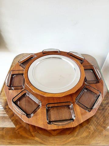 Plat de service - Lazy Susan - Bois, Verre, Métal