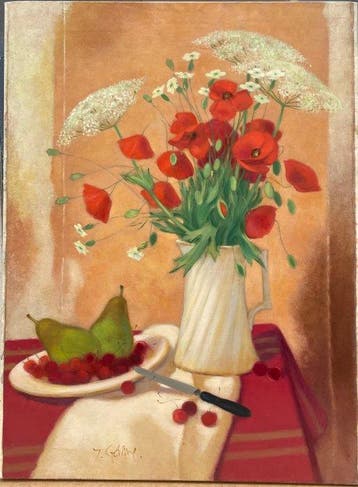 Yves Ganne (1931-2019) - Bouquet de Coquelicots et fruits.