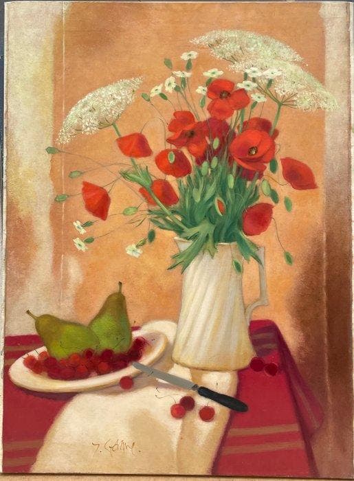 Yves Ganne (1931-2019) - Bouquet de Coquelicots et fruits., Antiek en Kunst, Kunst | Schilderijen | Klassiek