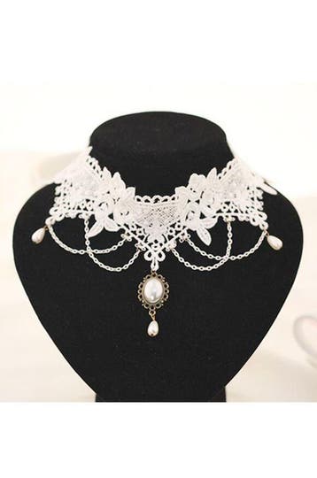 KIMU® Ketting Choker Wit Kant Lolita Lingerie Witte Kanten C, Ophalen of Verzenden