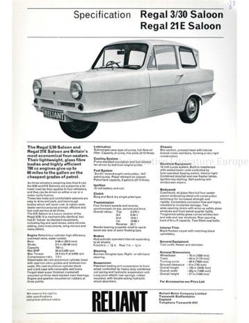 1973 RELIANT REGAL LEAFLET ENGELS, Nieuw
