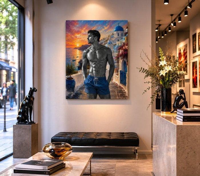 MIØS - Éclat Méditerranéen – Santorin au coucher du soleil, Antiquités & Art, Art | Peinture | Moderne