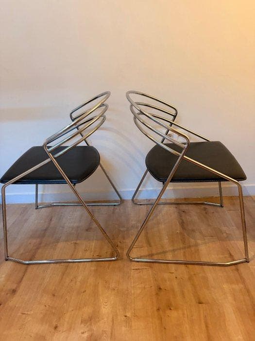 Chaise de salle à manger - Cuir, Chrome - Deux chaises, Antiquités & Art, Art | Objets design
