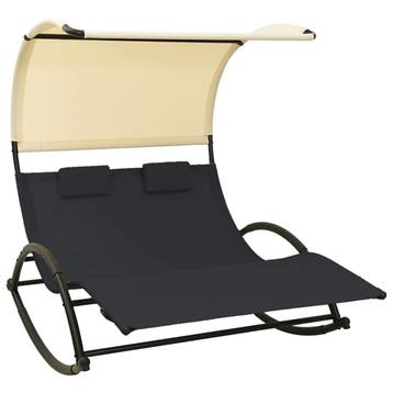 Tweepersoons ligbed met luifel - Zwart/Creme - 63% KORTIN..., Tuin en Terras, Verzenden, Gebruikt, Textileen