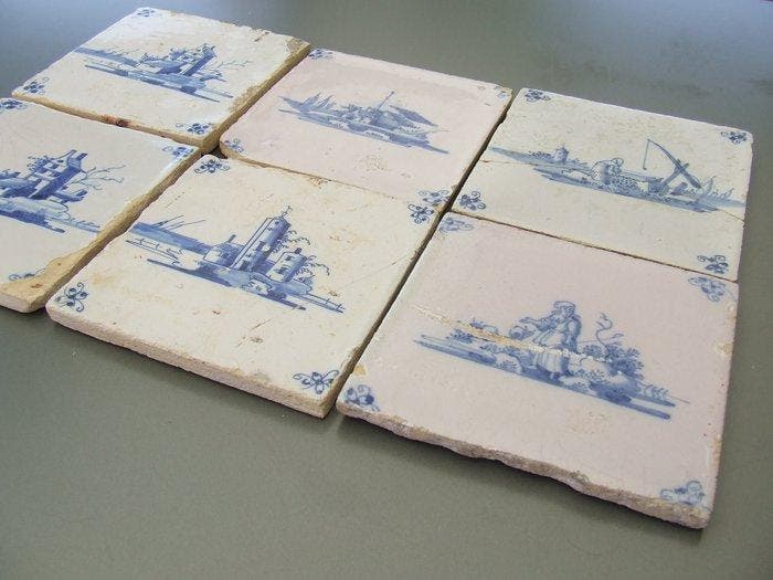 Tegel - 6 stuks Landschapstegels met schade. - 1650-1700, Antiek en Kunst, Antiek | Glaswerk en Kristal