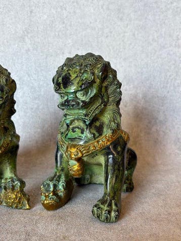 sculptuur, Paar foo dogs 2.6 kg - 15 cm - Brons, Antiek en Kunst