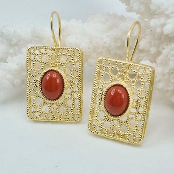 Corail rouge - Argent, Plaqué or - Boucles doreilles -