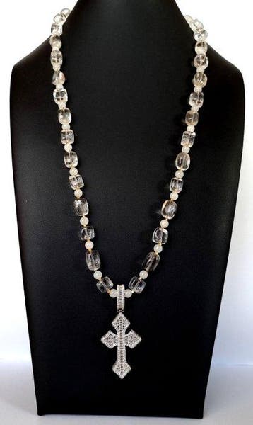 Rotskristal – Halsketting – Kruis met lobben en diamantglans