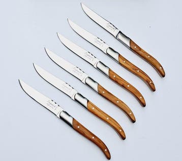 Laguiole - 6x Luxury Steak Knives - Olive Wood - style de -, Antiquités & Art, Antiquités | Ustensiles de cuisine