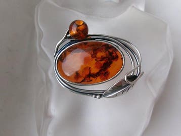 Zilver, Amber - Broche - Art Nouveau-stijl, Antiek en Kunst