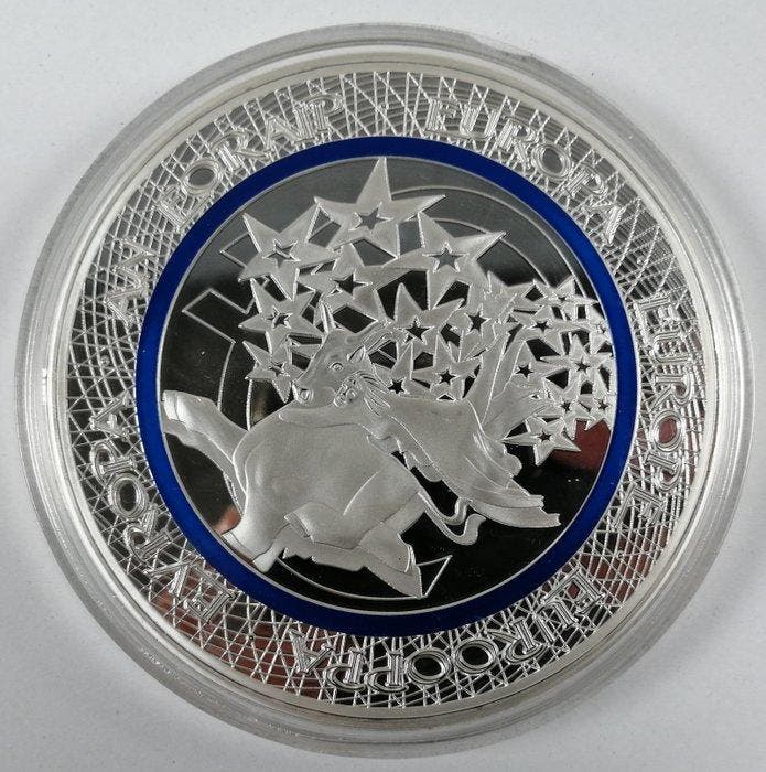 Penning - Grote Penning 100 mm 20 YEARS EURO Silver plated, Postzegels en Munten, Munten en Bankbiljetten | Toebehoren