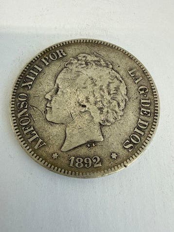 Spanje. Alfonso XIII. 5 Pesetas 1892 (Zonder minimumprijs)