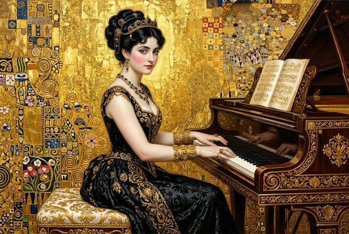 I_KONIQ - The gentle woman piano singer in Klimt style, Antiek en Kunst, Curiosa en Brocante