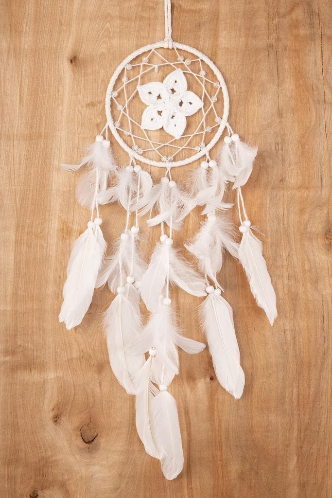 KIMU® Dromenvanger Bloem Wit Dreamcatcher Veren Macramé Bohe, Hobby en Vrije tijd, Feestartikelen, Nieuw, Ophalen of Verzenden
