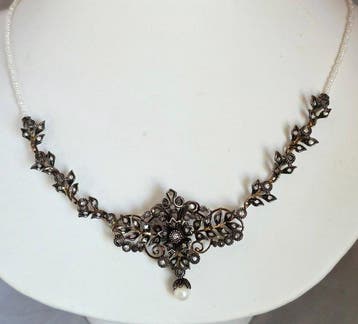 Borstornament - 15 karaat Geel goud, Zilver Parel - Diamant