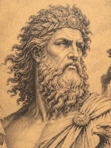 Zeus – Heer van de Bliksem – Bedrukking op leer - Wandtapijt