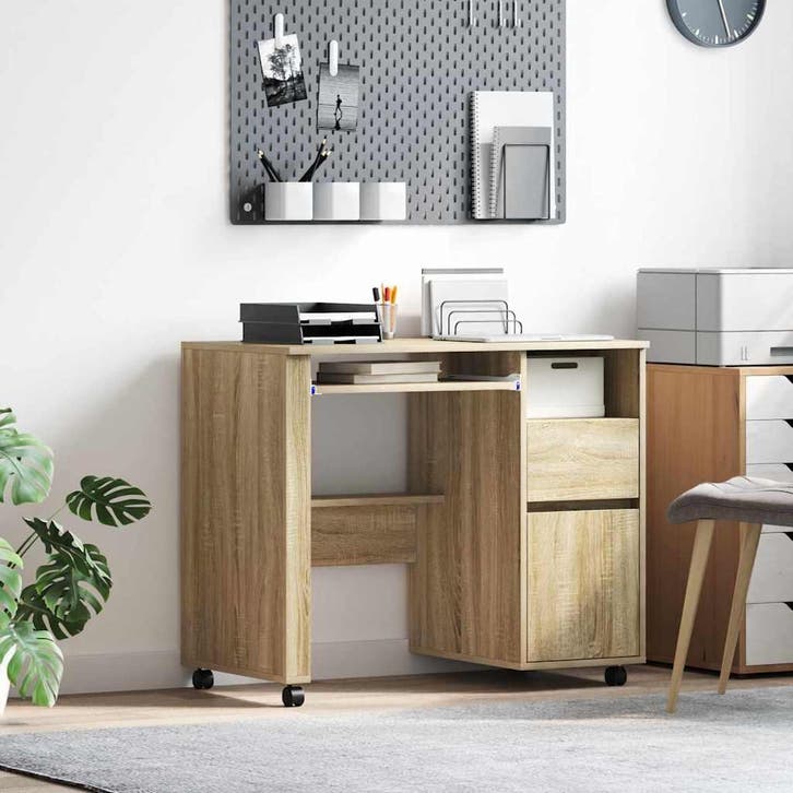 vidaXL Bureau met Wielen Sonoma Eik 91 x 50 x 77 cm Bewerkt, Huis en Inrichting, Bureaus, Nieuw, Verzenden