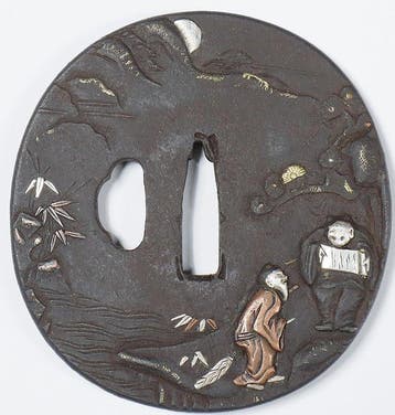 Tsuba (235 g) - maanverlicht landschap met geleerden,