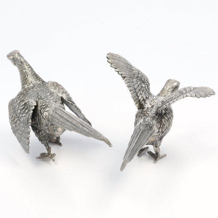 Fazanten koppel - Beeldje (2) - .925 zilver, Antiquités & Art, Antiquités | Argent & Or
