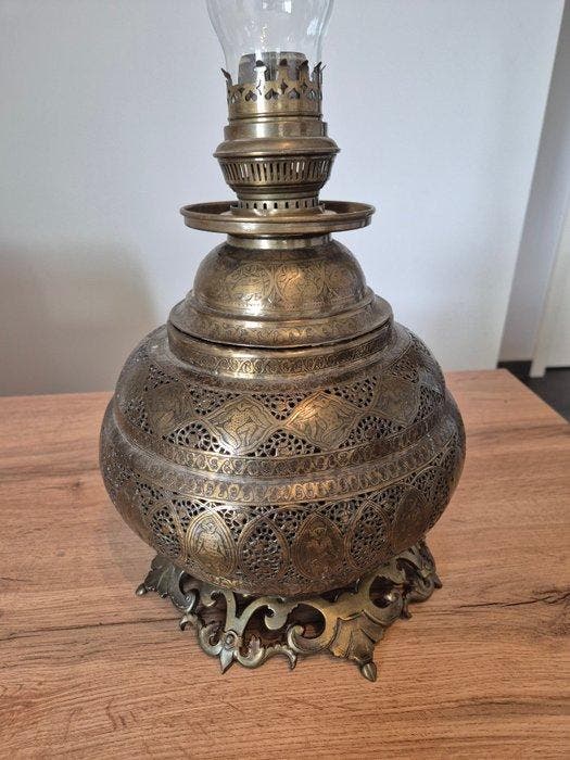 Olielamp - Messing, Glas - olielamp, Antiquités & Art, Curiosités & Brocante