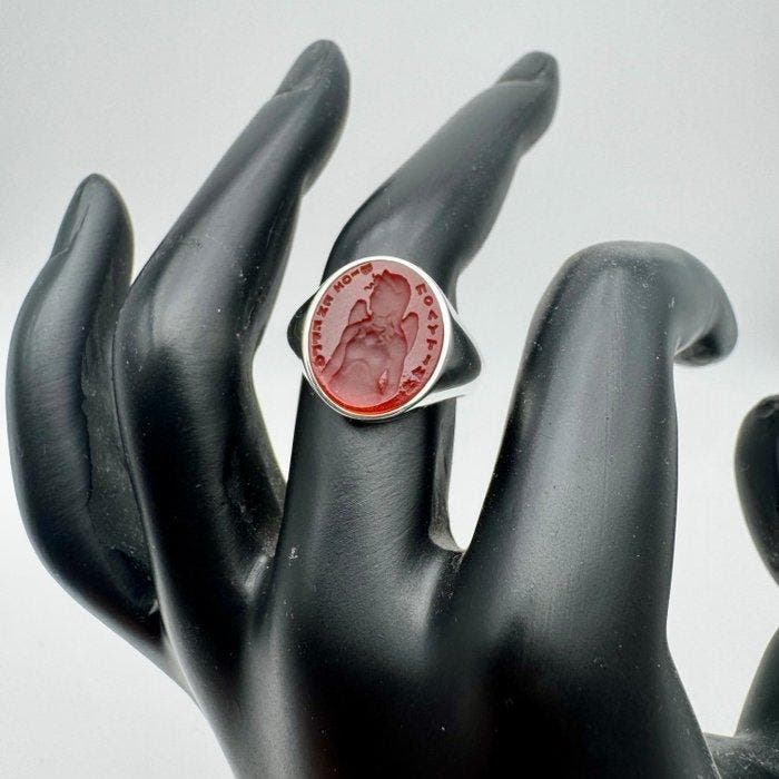 Zonder minimumprijs - Ring met amulet Zilver Carneool -, Handtassen en Accessoires, Antieke sieraden