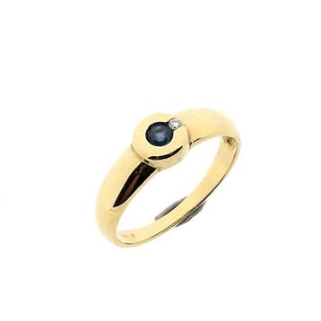 Gouden ring met saffier en diamant; 0,01 ct., Handtassen en Accessoires, Ringen, Gebruikt, Ophalen of Verzenden, 17 tot 18, Met edelsteen