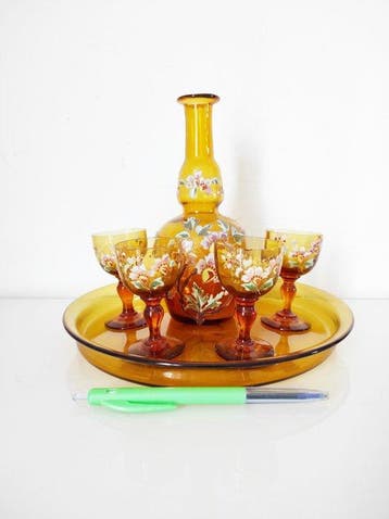 Drankservies (6) - Glas - Emaille bloemen, Antiek en Kunst