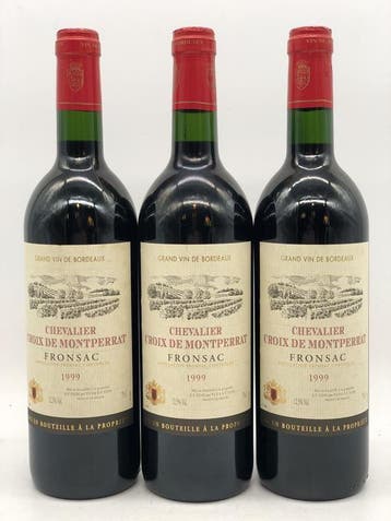 3 x 75cl Chevalier Croix de Montperrat Fronsac 1999 (rood), Ophalen of Verzenden, Rode wijn