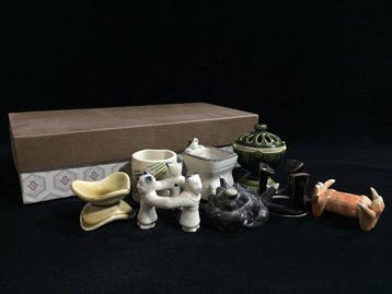 Collection of 8 Japanese Ceramic Futaoki (Lid Rests) for Tea