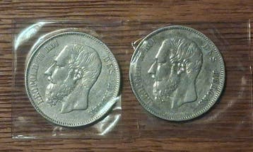 België. Leopold II. 5 Francs 1869, 2 stuks (Zonder, Postzegels en Munten