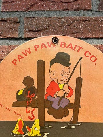 Paw Paw Bait Co. emaille reclamebord – visser cartoon – Ø 30