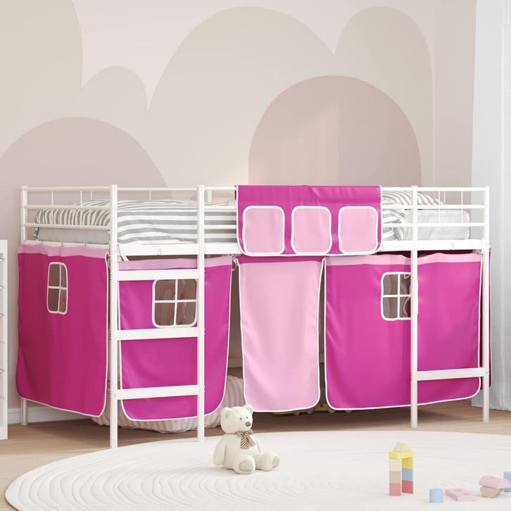 vidaXL Loftbed voor kids met gordijnen Effen Wit en roze 107, Maison & Meubles, Chambre à coucher | Lits, Envoi