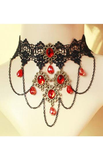 KIMU® Choker Zwart Kant met Rode Stenen en Kettinkjes Kanten, Ophalen of Verzenden