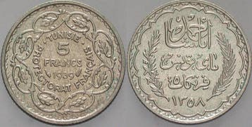 5 Francs 1939 (ah1358) Tunesien Ahmad Pasha Bey, Postzegels en Munten, Verzenden