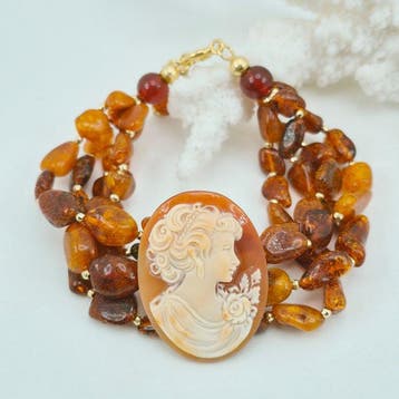 Zilver, Verguld - Armband - Baltische barnsteen en camee