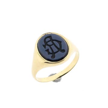 Vintage gouden signet pinkring met onyx, Gebruikt, Ophalen of Verzenden, Kleiner dan 17, Dame of Heer