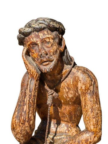 Beeld, Rare 18th-century polychrome carved wooden figure of
