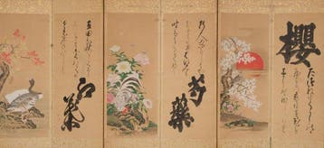 Byôbu  (vouwscherm) - Papier, Zijde, Gelakt hout - Japan -