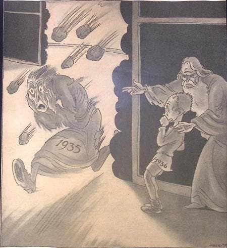 Het jaar 1935 met stenen bekogelt op spotprent (lijst optie), Antiquités & Art, Art | Lithographies & Sérigraphies, Envoi