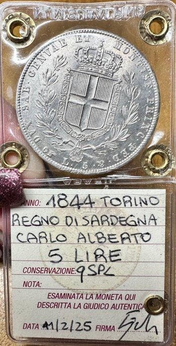 Italie, Savoie Carlo Alberto. 5 Lire 1844 Torino (Sans prix, Postzegels en Munten