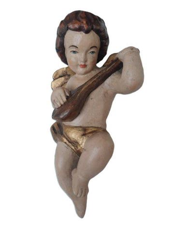 Snijwerk, Holzfigur - farbiger Engel mit Mandoline -