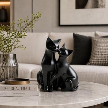 Pair of Black Cats Sculpture – Romantic Feline Figurine,