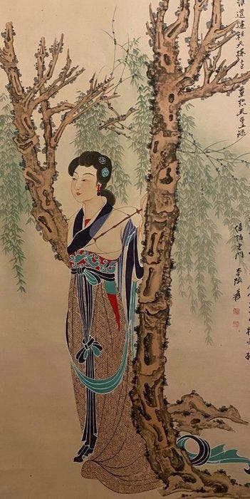 VROUW, INKT EN KLEUR OP PAPIER, HANGENDE ROL, - Zhang Daqian