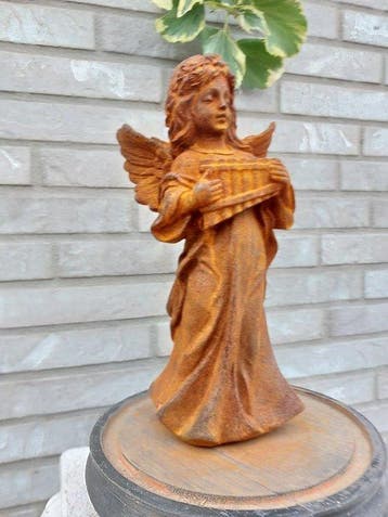 Beeld, engel met vleugels en panfluit - 29 cm - Gietijzer